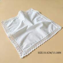 33.5cm Thin White Square Handkerchief With Handmade Lace Edge, 3/6pcs Unisex Pocket Square, Wedding Keepsake Gift - White - View 3