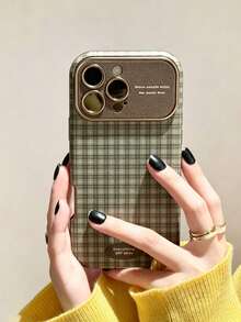 1pc Minimalist Ins Couple Plaid Pattern Phone Case Compatible With Apple 17 Pro Max 16 Pro New 13 Niche 14 Pro Women 15 Pro Full Coverage Leather Anti-Drop Soft Shell - Green - View 1