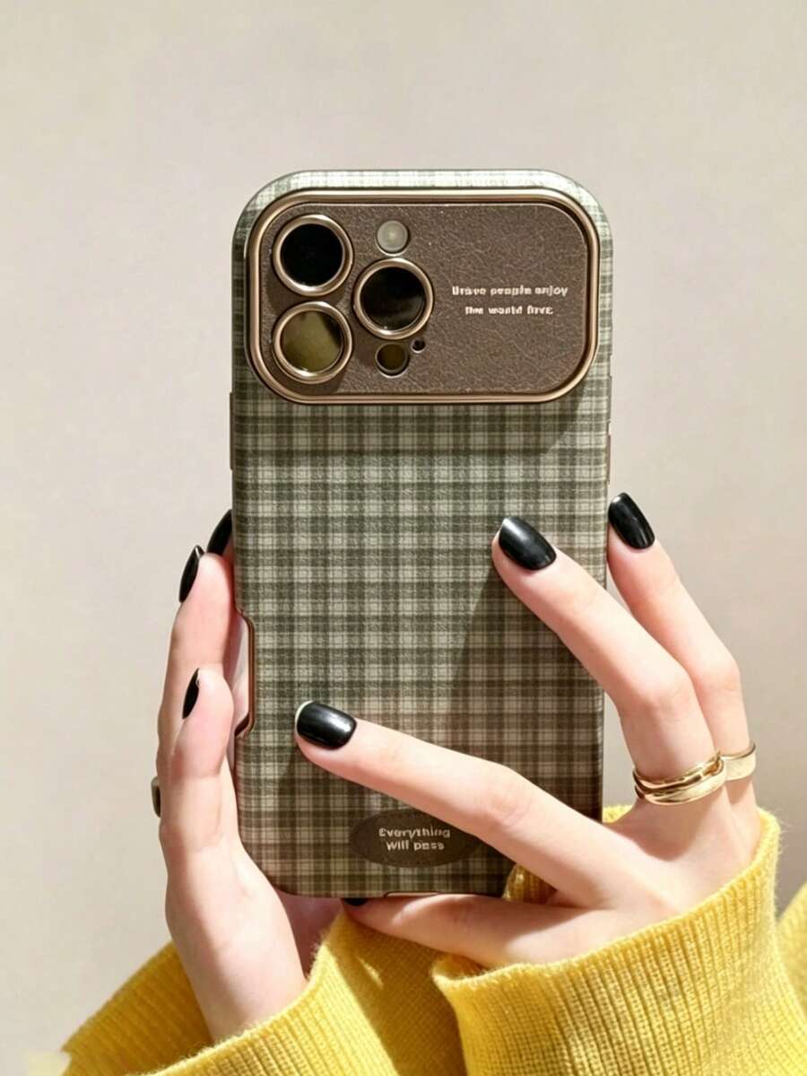 1pc Minimalist Ins Couple Plaid Pattern Phone Case Compatible With Apple 17 Pro Max 16 Pro New 13 Niche 14 Pro Women 15 Pro Full Coverage Leather Anti-Drop Soft Shell - Green - View 1