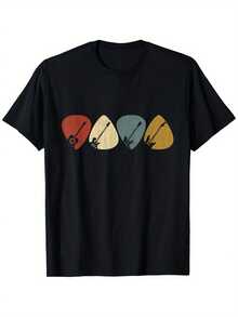 Camiseta con Estampado Musical Retro para Hombre y Mujer - Camiseta de Manga Corta Suave y Transpirable con Iconos de Guitarra, Púa, Batería, Piano y Teclado - Camiseta Casual de Cuello Redo - Negro - Ver 7