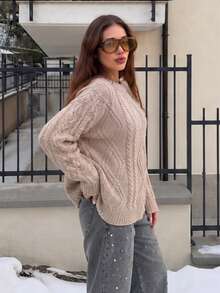 Women's Plus Size Chunky Knit Round Neck Long Sleeve Loose Pullover Sweater - Khaki - View 6