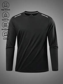 Men's Autumn Long Sleeve Quick Dry Elastic Crew Neck T-Shirt, Spring/Autumn Sports Fitness Casual Top - Black - View 1