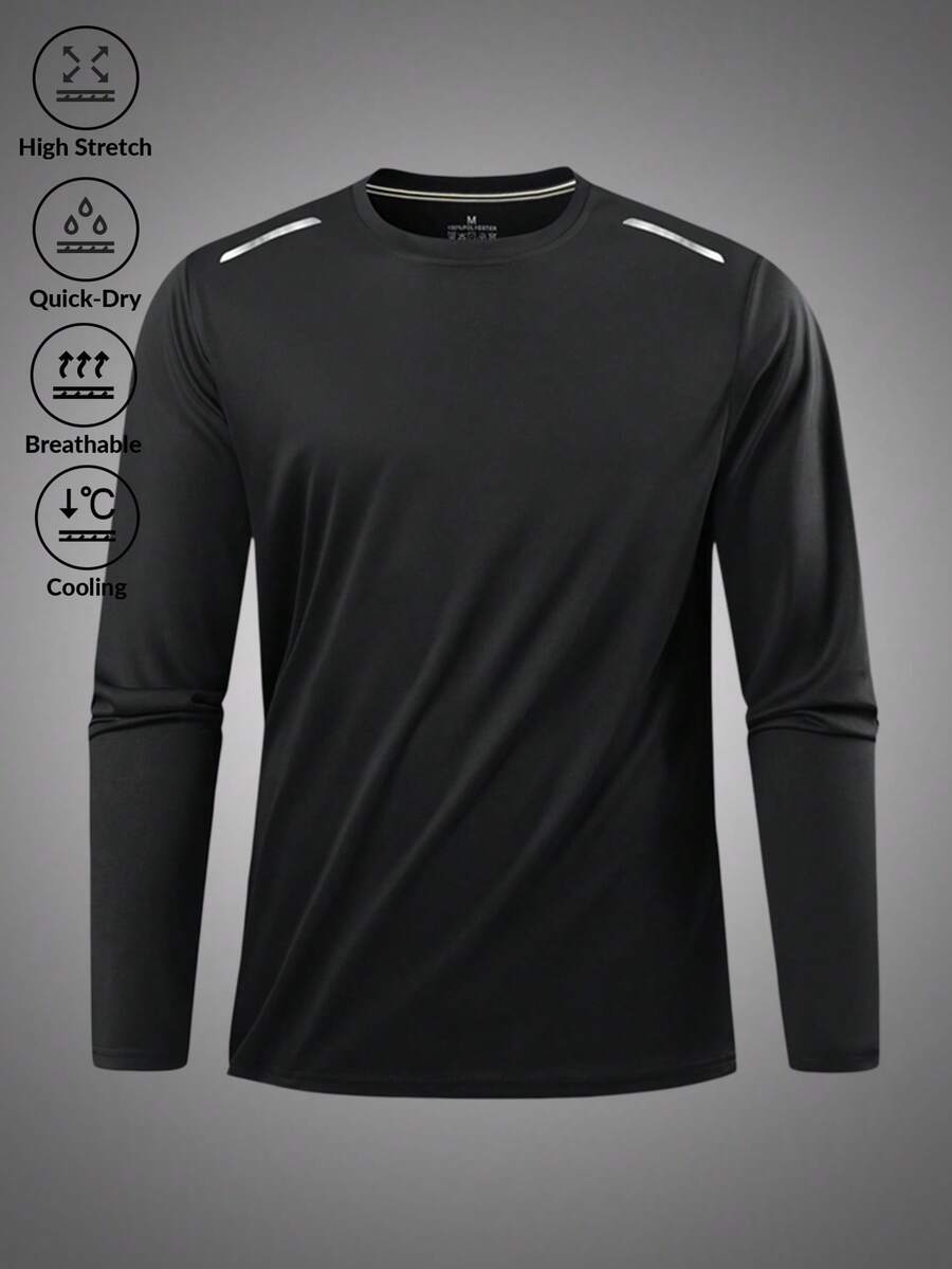Men's Autumn Long Sleeve Quick Dry Elastic Crew Neck T-Shirt, Spring/Autumn Sports Fitness Casual Top - Black - View 1