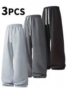 3pcs Men's Sports Casual Long Pants, Loose Straight Leg Design, Suitable For Casual Outdoor, Commute Wear, Spring/Autumn Heavyweight Sweatpants Fall - Multicolor - View 2