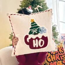 1pc Christmas Tufted Embroidery Pillow Case, 18x18 Inch Soft Plush HO HO HO Reindeer Holiday Cushion Cover, Festive Winter Home Decor, Suitable For Sofa Bed, Hidden Zipper, Without Insert - Beige - View 2