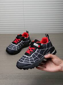 Kids Spider Web Breathable Sports Shoes, Black & Red Contrast Pattern Hook And Loop, Unisex Design Fits All Foot Types, Comfortable Breathable Wear Year-Round, Closure For Easy Wear, Casual Sneakers - Black - View 10
