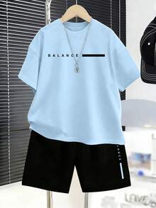 Set Tween Boy Casual Minimalist Letter Design Print Crew Neck T-Shirt+Shorts New Summer Comfortable Boys Set - Multicolor - View 2