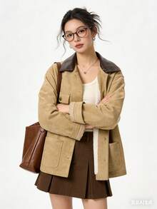 Jaket Kancing Depan Bahan Suede Beludru Gaya Gudang Vintage Maillard Warna Cokelat, Kasual Musim Dingin untuk Kampus/Kantor - Khaki - View 2