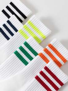 1/6 Pairs Striped Contrast Color Mid-Calf Socks, Casual Minimalist Collegiate Style Sports Mid-Calf Socks, Unisex, Comfortable And Breathable, Suitable For Home Or Sports - Multicolor - View 3