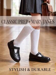 1 Pair Elegant Vintage Girls' Black T-Strap Brogue Mary Jane Flats, Hook & Loop School Daily Formal Princess Shoes, British Academy Style Dress Shoes, Back To School Fashion Kids Shoes - Black - View 6