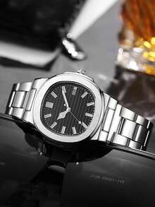 2pcs/Set Men's Square Steel Band Watch, Minimalist Fashion Men's Wristwatch, Premium Quartz Watch Set - Silver - View 5