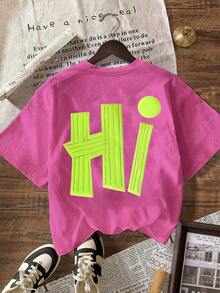 Kaos Wanita Lengan Pendek Kasual Serbaguna untuk Sehari-hari, Leher Bulat, Motif Huruf, Cocok untuk Musim Panas. - Hot Pink - View 3