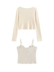 Floral Lace Trim Camisole & Cardigan 2 Pieces Set - Apricot - View 7