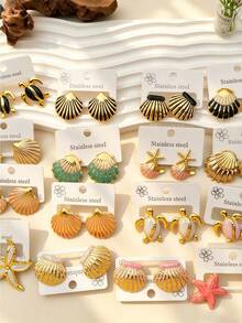 Women's Stainless Steel Earrings Set (12 Pairs) - Assorted Styles (Shell & Flower) - Fashionable Everyday Accessories - Multicolor - View 3