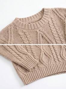 Women's Plus Size Chunky Knit Round Neck Long Sleeve Loose Pullover Sweater - Khaki - View 7