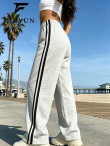 Women's Drawstring Wide Leg Pants, Comfortable Fabric, Suitable For Sports, Outdoor, Casual Wear, Street Style Autumn Long Pants - Grey - View 5