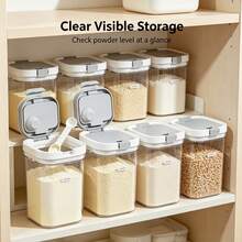 Flip-Top Sealed Storage Jar With Measuring Spoon, Transparent Plastic Material, Excellent Sealing Performance, Suitable For Storing Grains, Spices, Milk Powder, Etc., Ideal For Kitchen, Pantry And Travel, Food Container, Plastic Container With Lid, Storage Box, Dispensing Box, Travel, Milk Powder Box, Kitchen Supplies - Multicolor - View 4