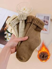 3 Pairs Of Women's Winter Earth Colored Warm Socks, Retro Soft Warm Elastic Casual Daily Socks - Multicolor - View 1