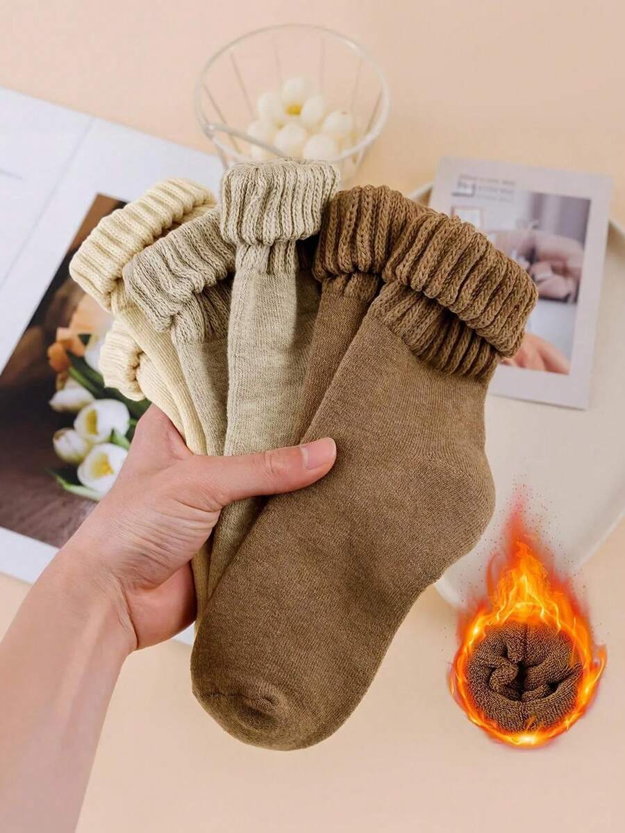 3 Pairs Of Women's Winter Earth Colored Warm Socks, Retro Soft Warm Elastic Casual Daily Socks - Multicolor - View 1