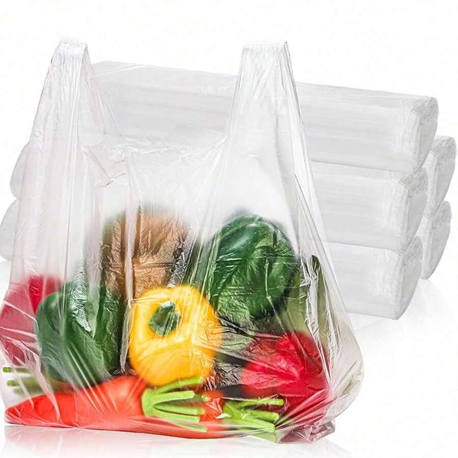 50 Pack Clear T Shirt Shopping Bag, 12'' X 18'' Multi-Use Bulk Grocery Plastic Bags With Handles, Large Restaurant Carry Out Retail Bags For Small Business, Supermarket, Restaurant - White - View 1