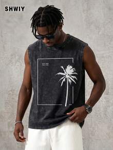 Shwiy Men's Washed Vintage Effect Casual Sleeveless Tank Top With Palm Tree Print, Suitable For Daily Leisure Wear - Black - View 1