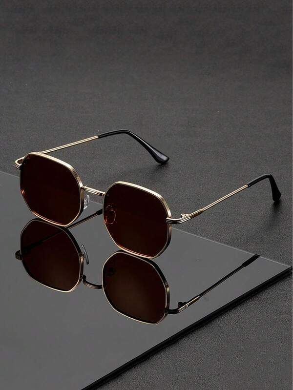 FIYLROG 1pc Men's Slim Fit Gold Octagonal Fashion Glasses, Pure Brown Lenses, Ultra-Thin Metal Temples, Suitable For Daily Commute, Street, Travel, Beach, Outdoor Wear