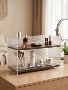 1pc Double-Layer Expandable Desktop Storage Rack, Wavy Transparent Acrylic & Wooden Organizer, Minimalist Rectangular Open Shelf With Gold Accessories, Multi-Functional Tabletop Storage Rack For Cosmetics, Kitchen, Bathroom, Coffee Corner, Desk - Brown - View 4