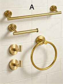 Bathroom Storage Hanging Set, Includes Towel Bar, Towel Ring, Stainless Steel Toilet Paper Holder, Multi-Function Hook And Multi-Purpose Hanging Bar, 1pc - Gold - View 11