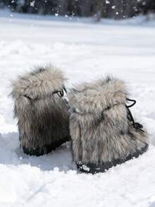 Women's Platform Snow Boots Lace Up Faux Fur High Top Boots Retro Winter Warm Chunky Sole Mid Calf Boots - Grey - View 6