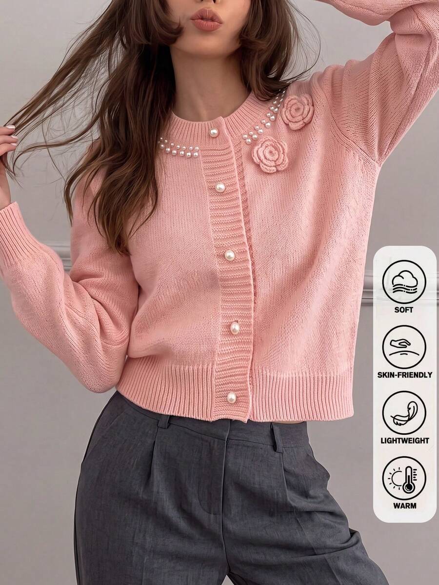 Fall Winter Women Pink Crew Neck 3D Flowers Knit Cardigan Xmas New Year Sweet Button Long Sleeve Jacket - Pink - View 1