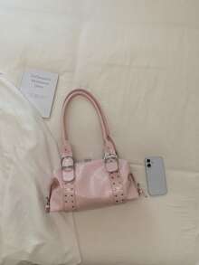 Tas Tangan Silinder Minimalis Warna Pink Polos dengan Detail Cincin Logam Perak dan Kancing, Penutup Resleting Ganda, Interior Luas, Cocok untuk Wanita, Aktivitas Kampus dan Akhir Pekan. - Berwarna merah muda - View 5