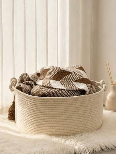1pc Large Capacity Laundry Basket, Blanket Basket, Hand Woven Basket With Auspicious Buckle Handle, Suitable For Storing Clothes, Blankets, Toys, Daily Necessities, Suitable For Bedrooms, Laundry Rooms, Corridors, Daily Home Soft Furnishing