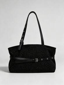 Vintage Black Leopard Print Underarm Tote Bag For Women, Adjustable Shoulder Strap, Leather Belt Decoration, Large Capacity, Commuter Shoulder Bag, Minimalist Versatile Daily Handbag, Suitable For Shopping, Wallet, Young Women, College Students, Newcomers, White-Collar Workers. Perfect For Office, University, Work, Business, Commute, Outdoor Activities, Travel And Outings - Black - View 2