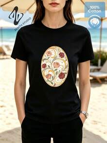 ROSE OVAL Vintage Celestial Floral Frame Print Cotton Graphic T-Shirt For Photo Shoot Cottagecore Fashion - 黑色 - 查看 3
