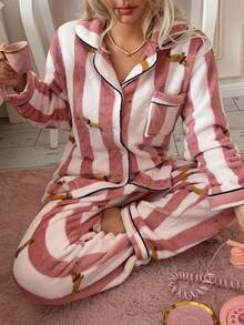 2pcs/Set Women's Winter Striped Dachshund Pattern Plush Thickened Thermal Lined Long Sleeve Top And Long Pants Pajama Set - Pink - View 3