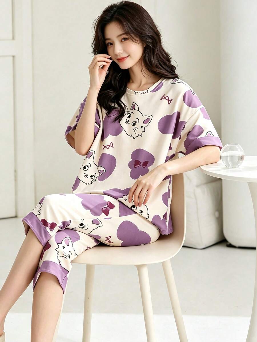AICJ 2件套 女士/女孩休闲可爱卡通猫字母印花粉色上衣,七分裤或短裤,春夏睡衣家居服套装 - 彩色 - 查看 1