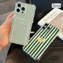 2件組條紋印花卡夾手機殼 TPU 防震全包覆精準保護套，適用於 Apple 11/12/13/14/15/16/17 Pro Max - 無色 - 查看 29