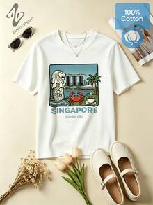 SINGAPORE Merlion & Garden City Print Cotton Graphic T-Shirt For Travel Tropical Style - 白色 - 查看 1
