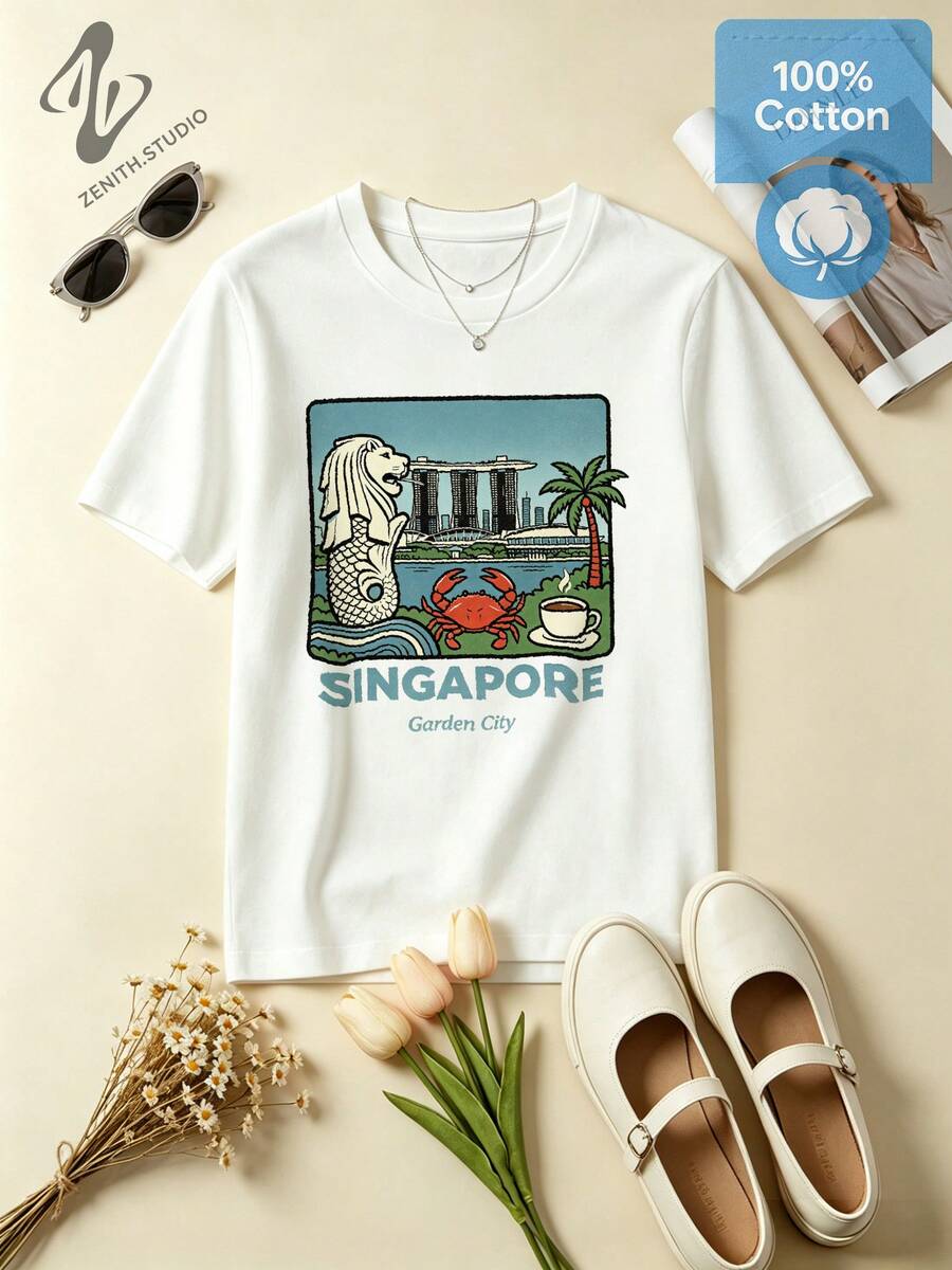 SINGAPORE Merlion & Garden City Print Cotton Graphic T-Shirt For Travel Tropical Style - 白色 - 查看 1