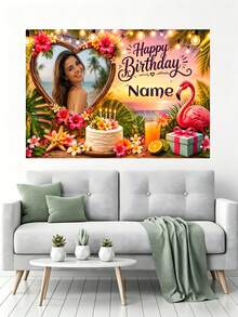 Customizable Photo & Name Summer Sunset Hawaii Theme Happy Birthday Backdrop, Pink Flamingo, Coconut Tree, Flower, Gift Box, Juice Design. Perfect For Hawaii Theme Birthday Party, Gift For Friends And Baby Shower Party. Suitable For Indoor And Outdoor Use. Vinyl Material - E - View 6
