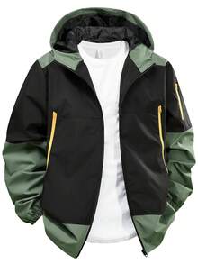 Chaqueta con capucha con cremallera y manga larga para hombre de talla grande, diseño de bloques de color, adecuada para exteriores, senderismo, uso casual, todas las estaciones, otoño - Verde militar - Ver 2