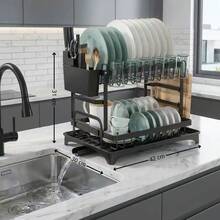 Escurreplatos de 2 Niveles 42 x 31 x 30 cm, Organizador de Cocina con Desagüe, Spote para Vajilla de Acero con Portacubiertos y Soporte para Tablas, Ahorro de Espacio - Ver 1