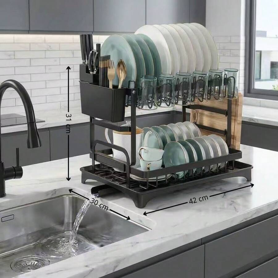 Escurreplatos de 2 Niveles 42 x 31 x 30 cm, Organizador de Cocina con Desagüe, Spote para Vajilla de Acero con Portacubiertos y Soporte para Tablas, Ahorro de Espacio - Ver 1