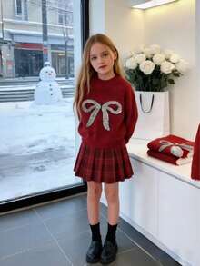Girls' Red Christmas Cartoon Bow Sweater, Versatile Autumn/Winter Single Piece - Red - View 4