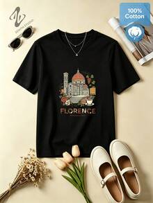 Florence Renaissance Cathedral Print Cotton Graphic T-Shirt For Sightseeing Vintage Fashion - 黑色 - 查看 1
