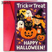 1/2/3sets Cute Cartoon Trick Or Treat Halloween Greeting Cards,Purple Background Witch Black Cat Ghost Jack O Lantern Spider Candy Full Moon Design,Perfect For Friends And Family Seasonal Celebration Party Invitations And Spooky Wishes To Share Joy A - A - View 10