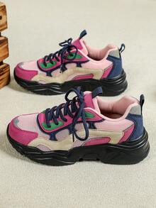 Men Street Fashion Color Patchwork Platform Sneakers, Light Cushioned Wedge Chunky Sole All Season Trainers For Daily Trip Jogging Commute - Rose Pink Blue Black Background - View 4