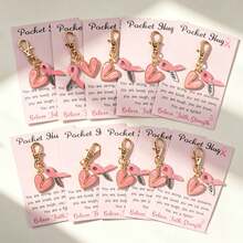 10pcs Pink Series Bow Tie Ribbon And Heart Keychain Set, With Encouragement Cards, For Gift Giving, Women's Inspirational Set, Positive Gift, Hope Gift - Multicolor - View 1