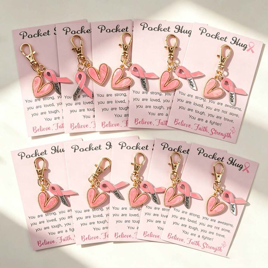 10pcs Pink Series Bow Tie Ribbon And Heart Keychain Set, With Encouragement Cards, For Gift Giving, Women's Inspirational Set, Positive Gift, Hope Gift - Multicolor - View 1