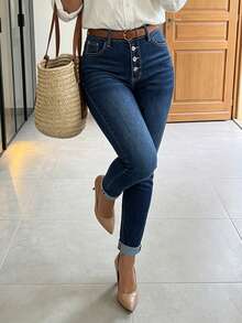 Shaping Skinny Jeans For Women, Elastic Denim Pants With Button Fly, Comfortable Everyday Jeans For Curvy Figures - Dark Wash - View 5